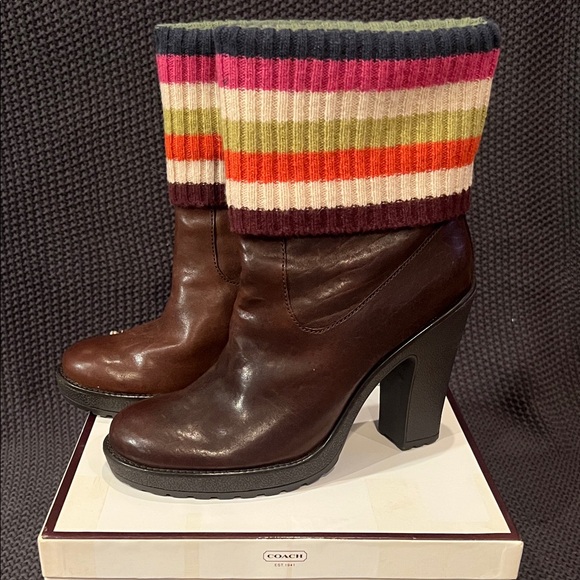 Coach Dark Brown Boots with Striped Knit Cuff - Picture 1 of 7